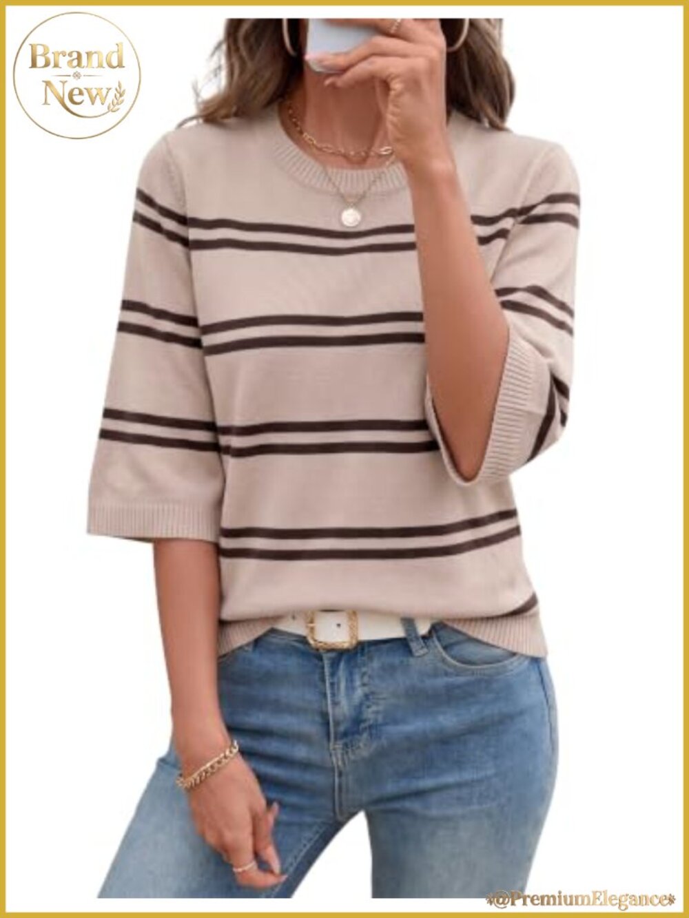 Lightweight Knit Pullover Sweater 3/4 Sleeve Striped Crew Neck Loose Fit Viscose